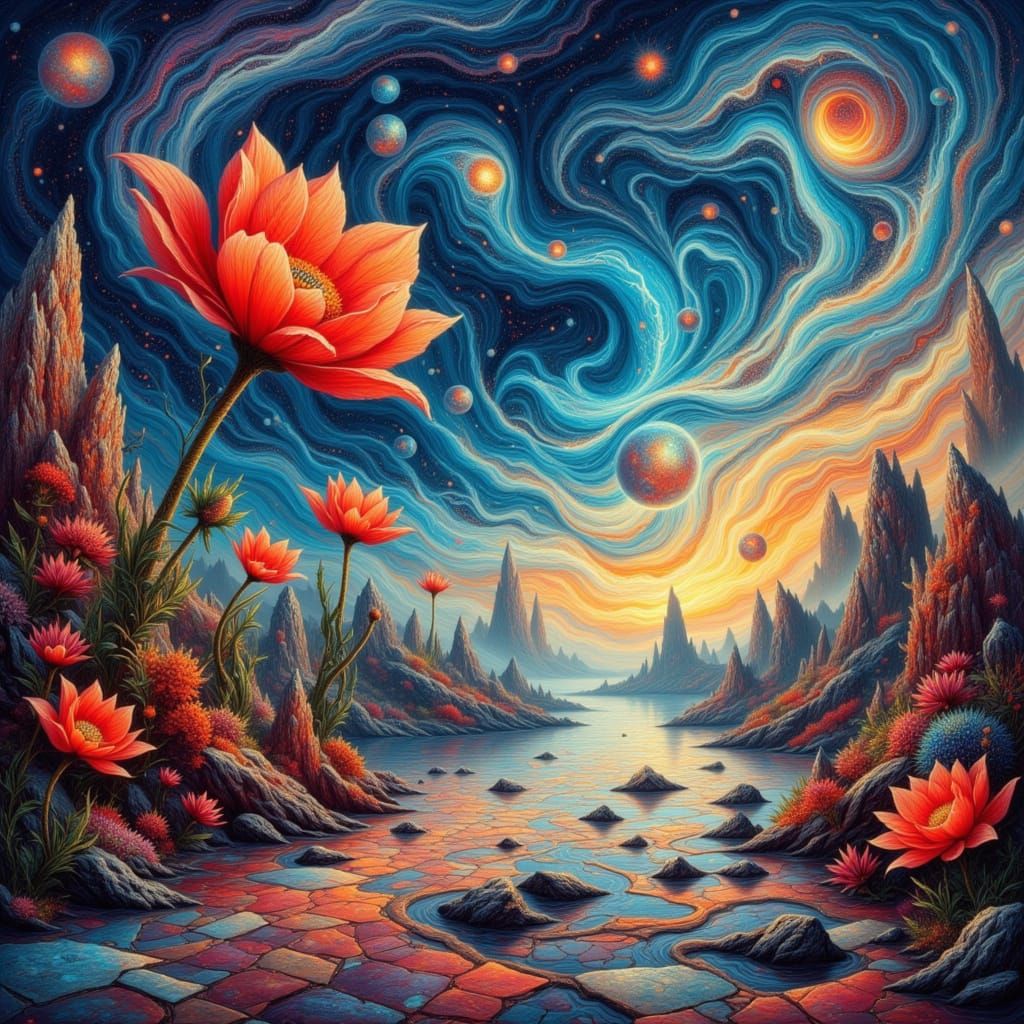 Surreal Cosmic Landscape with Crystalline Flowers