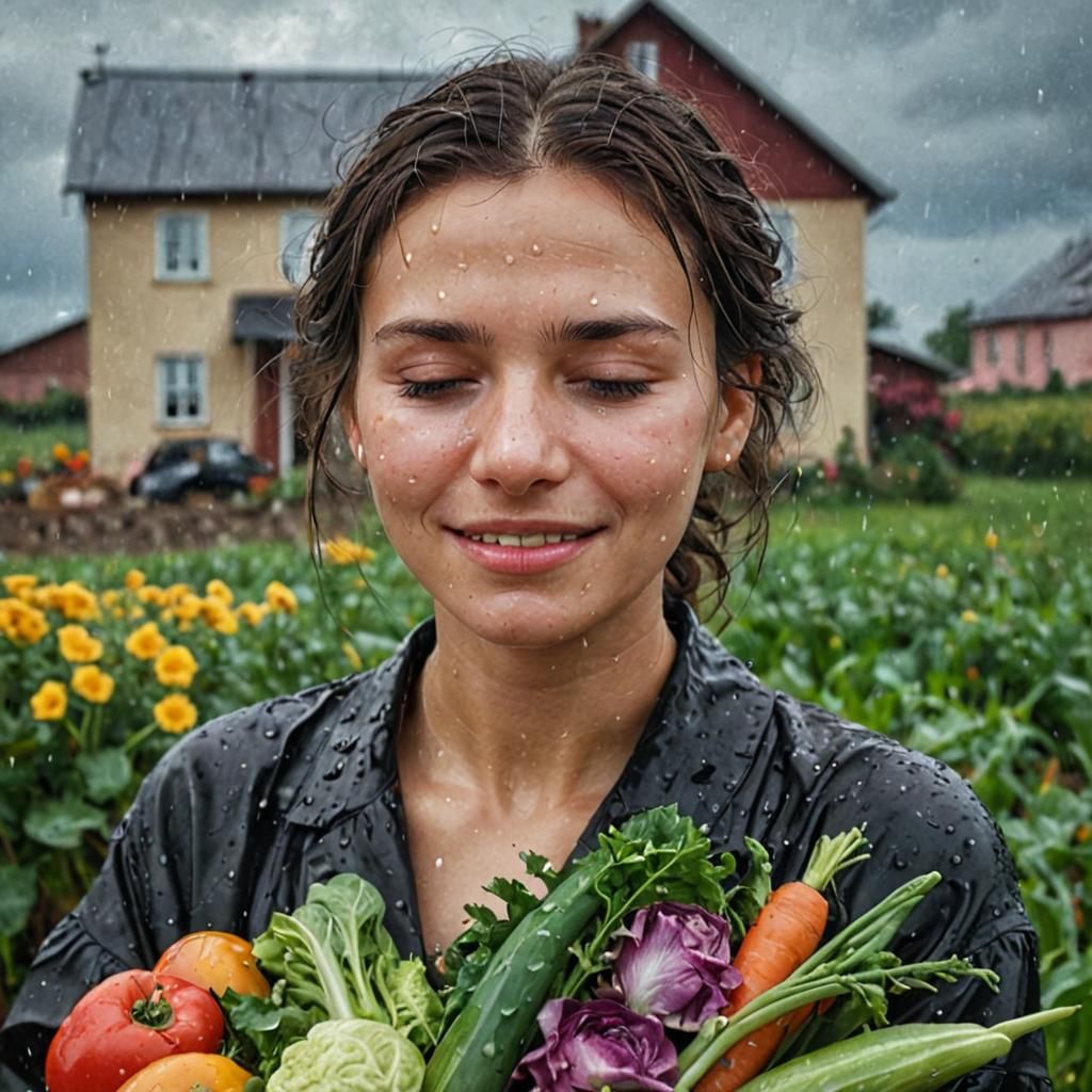 Mourning Woman Smiling in Rainy Field: Digital Portrait