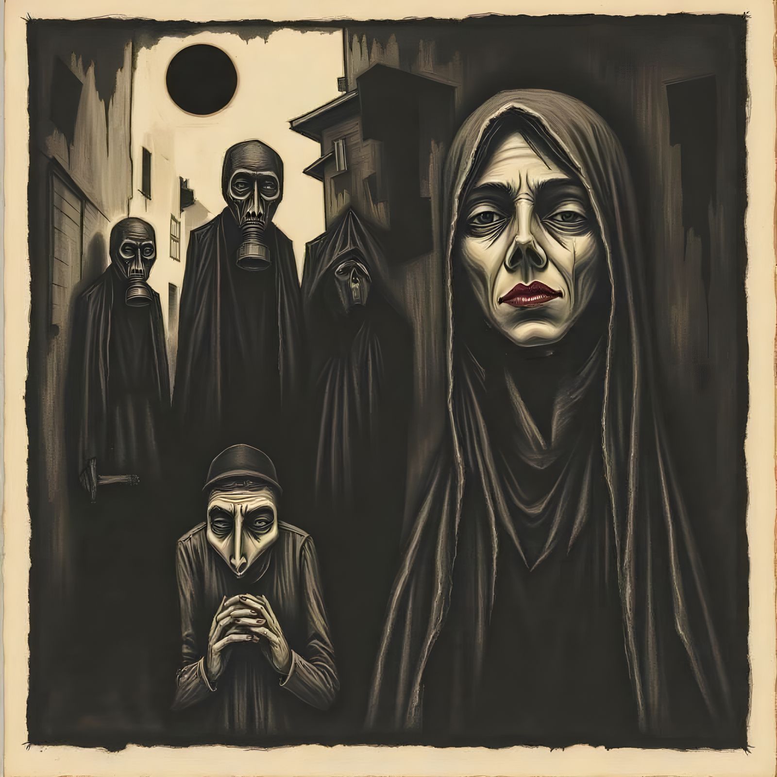 Humanity's Dark Side in Gas Masks - Woodcut Art