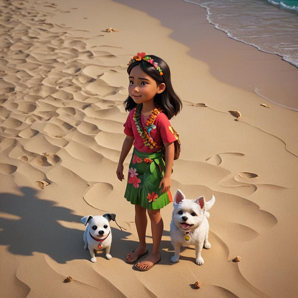 Hawaiian Girl and Dog on Beach: 3D Digital Art