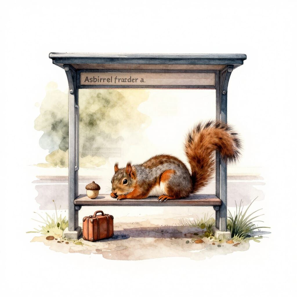 Whimsical Squirrel Traveler Rests Under Bus Stop Poster at D...