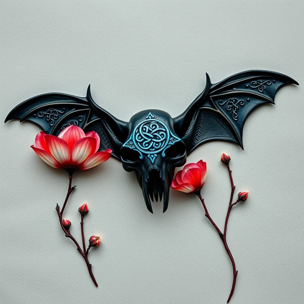 Fantasy Concept Art of Embossed Bat Skulls and Unfolding Pet...
