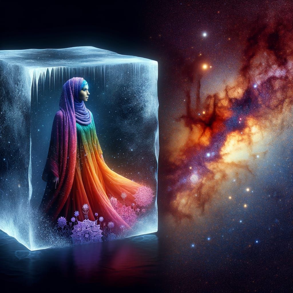Woman in Lavender Gown Encased in Ice, Surrounded by Galaxy
