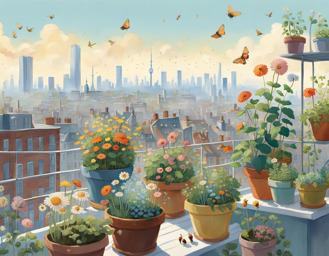 Rooftop Garden Illustration in Animation Style