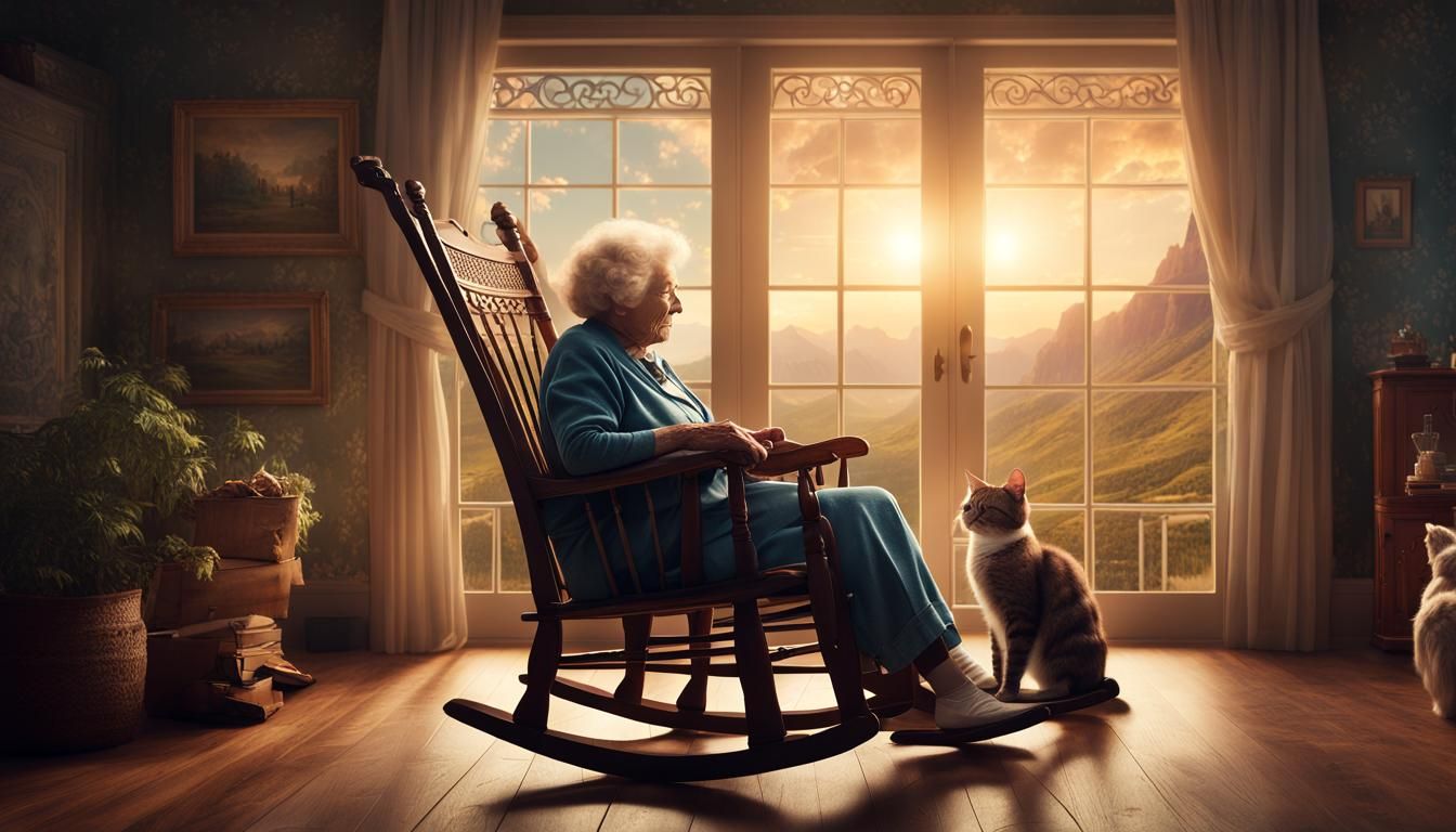 Senior Woman and Cat in Detailed Digital Painting