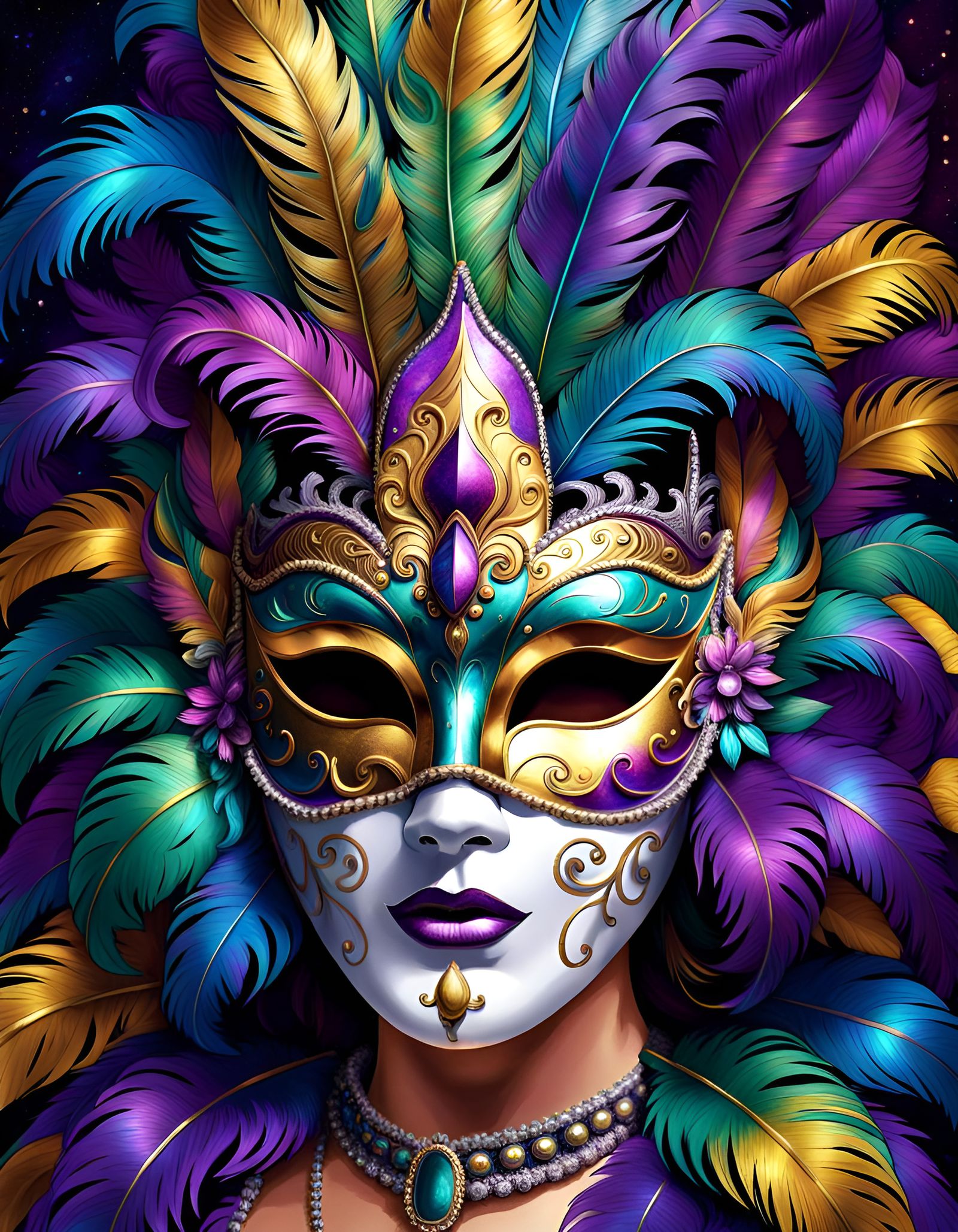 Elaborate Metallic Mardi Gras Mask in Astral Illustration