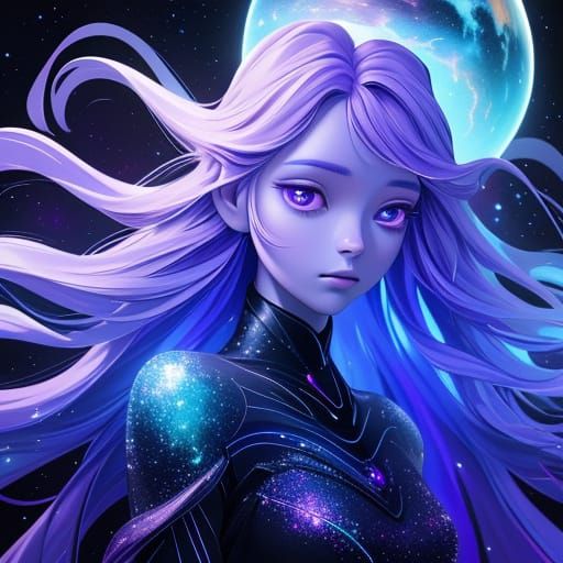 Ethereal Figure Floating on Star in Galaxy