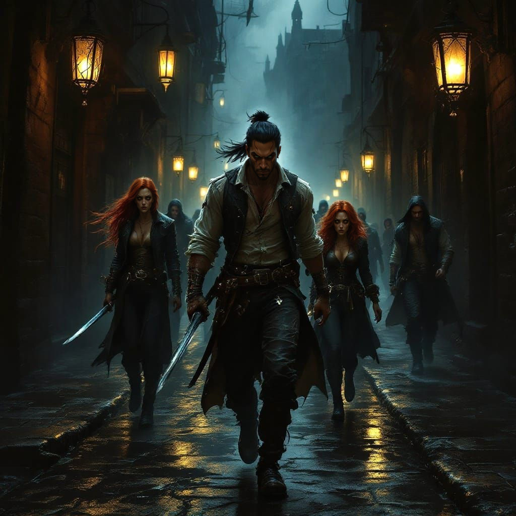 Gritty Urban Fantasy Swashbucklers in Gothic Alleyway
