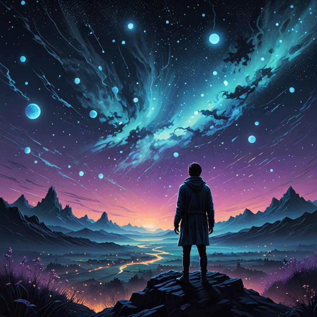 Surreal Figure Merges with Glowing Orbs in Digital Art