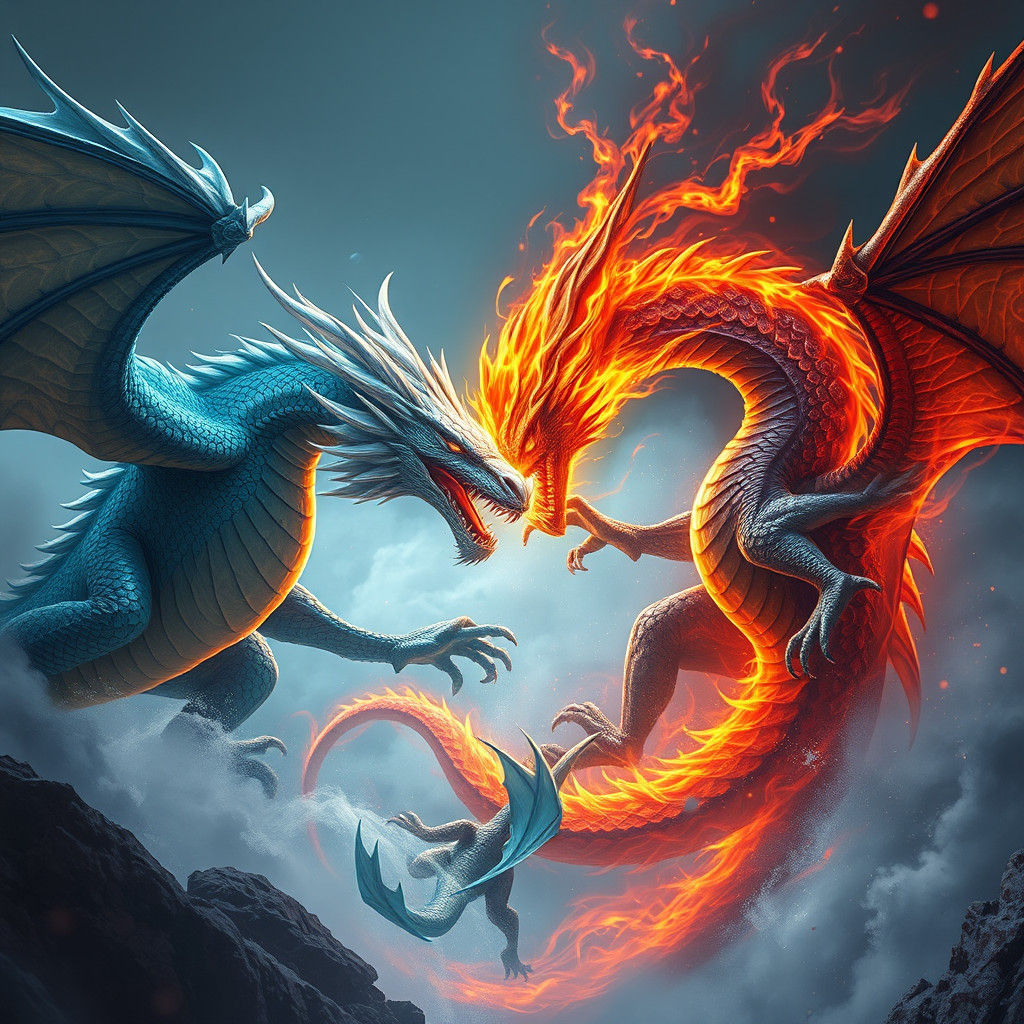 Water Dragon vs Fire Dragon: Fantasy Art