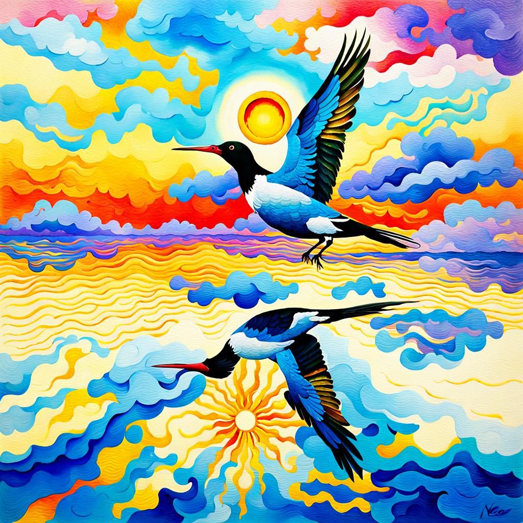 Art Nouveau Bird and Reflected Sky Optical Illusion