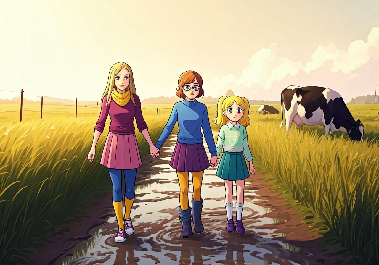 Girls Trekking Muddy Path Through Cow Field