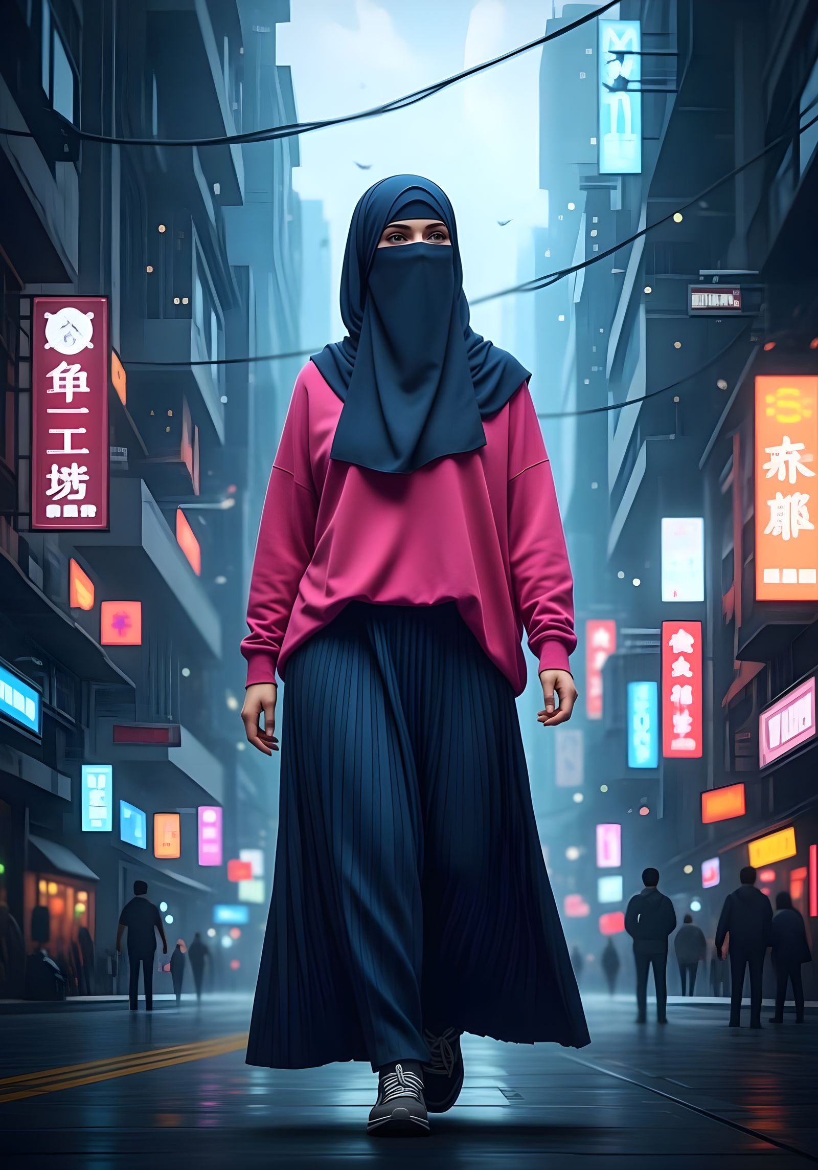 Irish Woman in Niqab Walking in Futuristic City