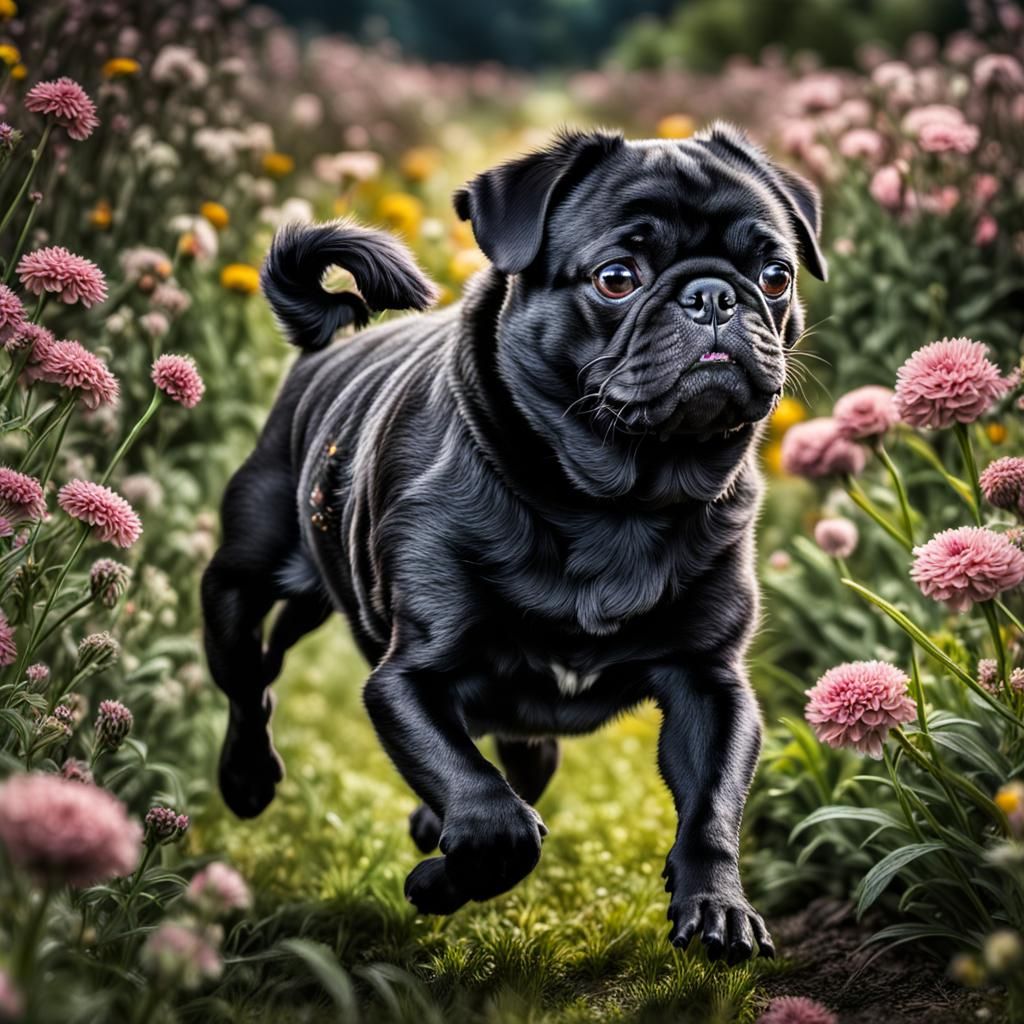 Hyperrealistic Black Pug Running Through Flowers