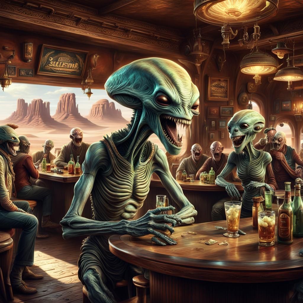 Laughing Aliens in Desert Saloon: Cinematic Realism