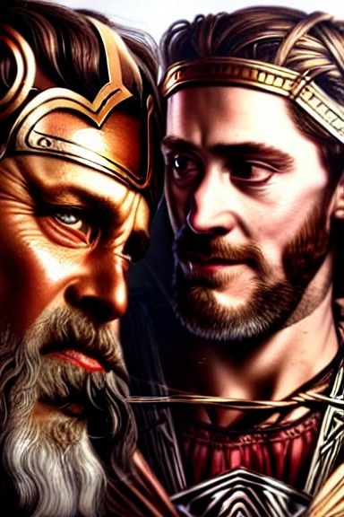Odin and Loki in Valhalla: Hyperdetailed Fantasy Portrait