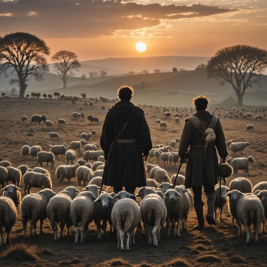 Sunset Silhouette of Shepherd with Sheep