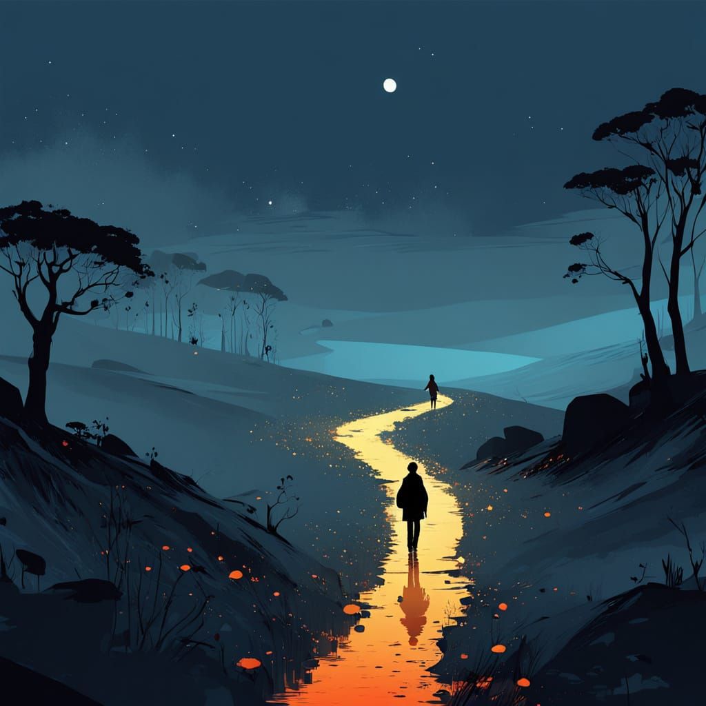 Lone Figure Embarks on Hopeful Journey in Luminous Landscape