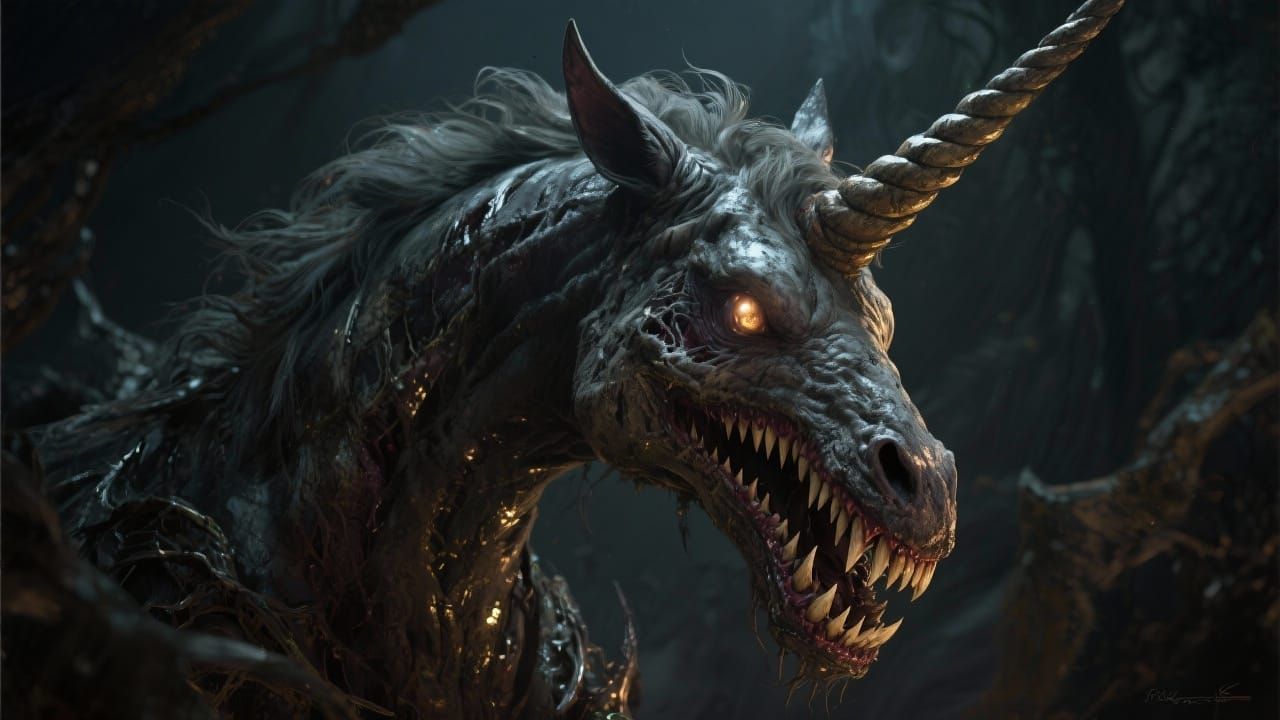Horrific Unicorn with Sharp Teeth in Dark Fantasy Style