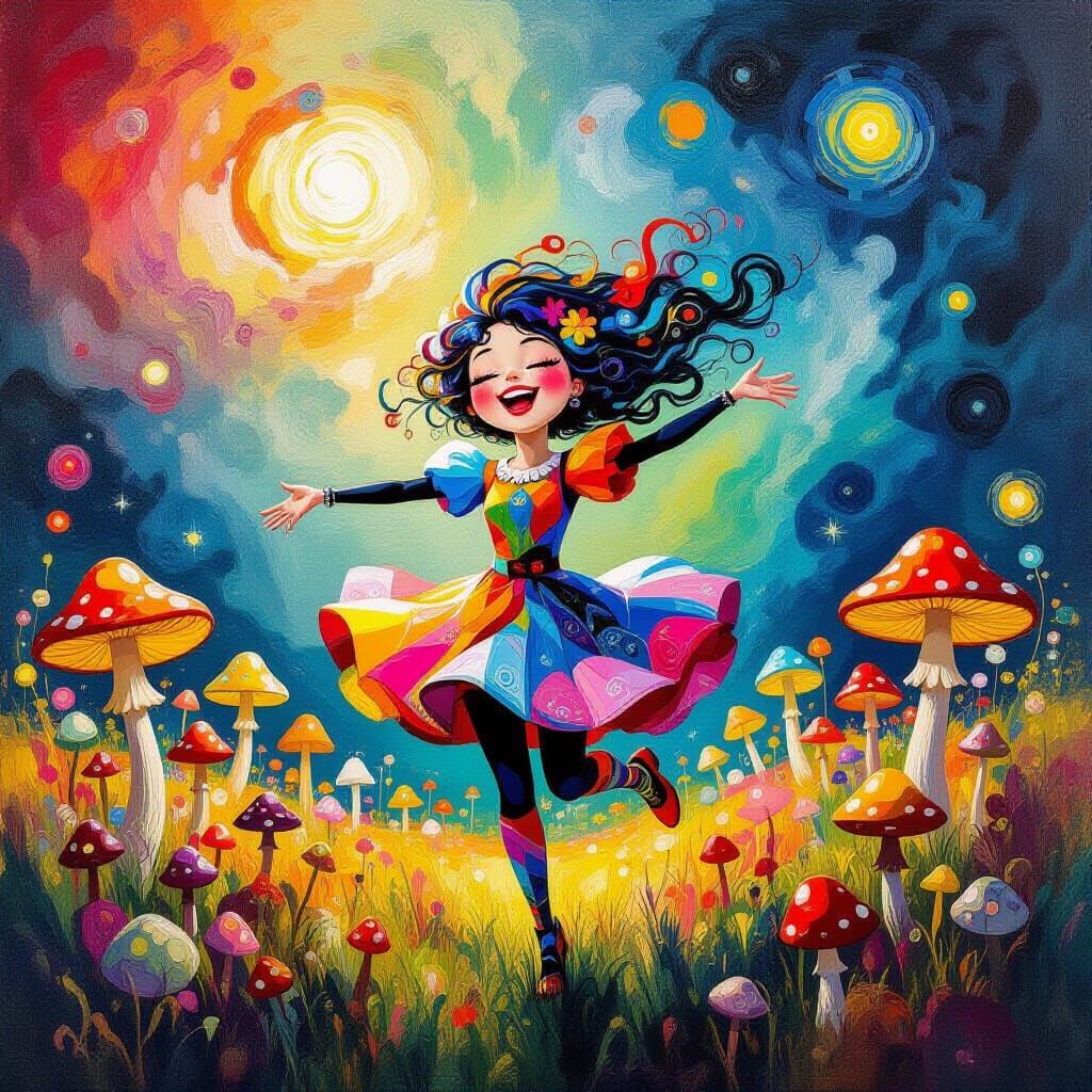 Joyful Swirling Character Dancing Among Glowing Mushrooms