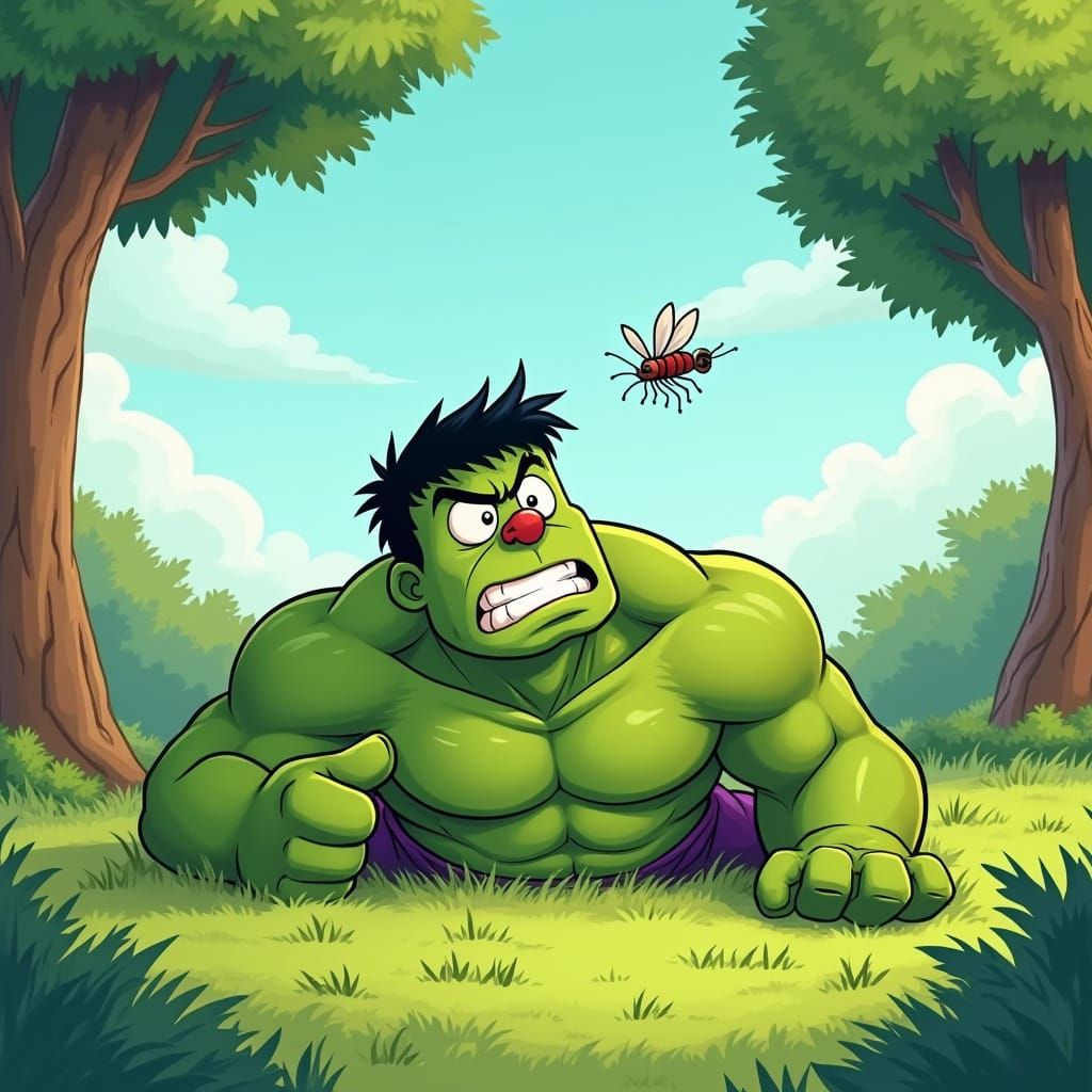 Cartoon Hulk's Frustrated Awakening in Whimsical Green Lands...