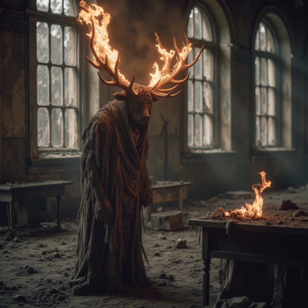 Deer-Headed Humanoid in Apocalyptic Wasteland