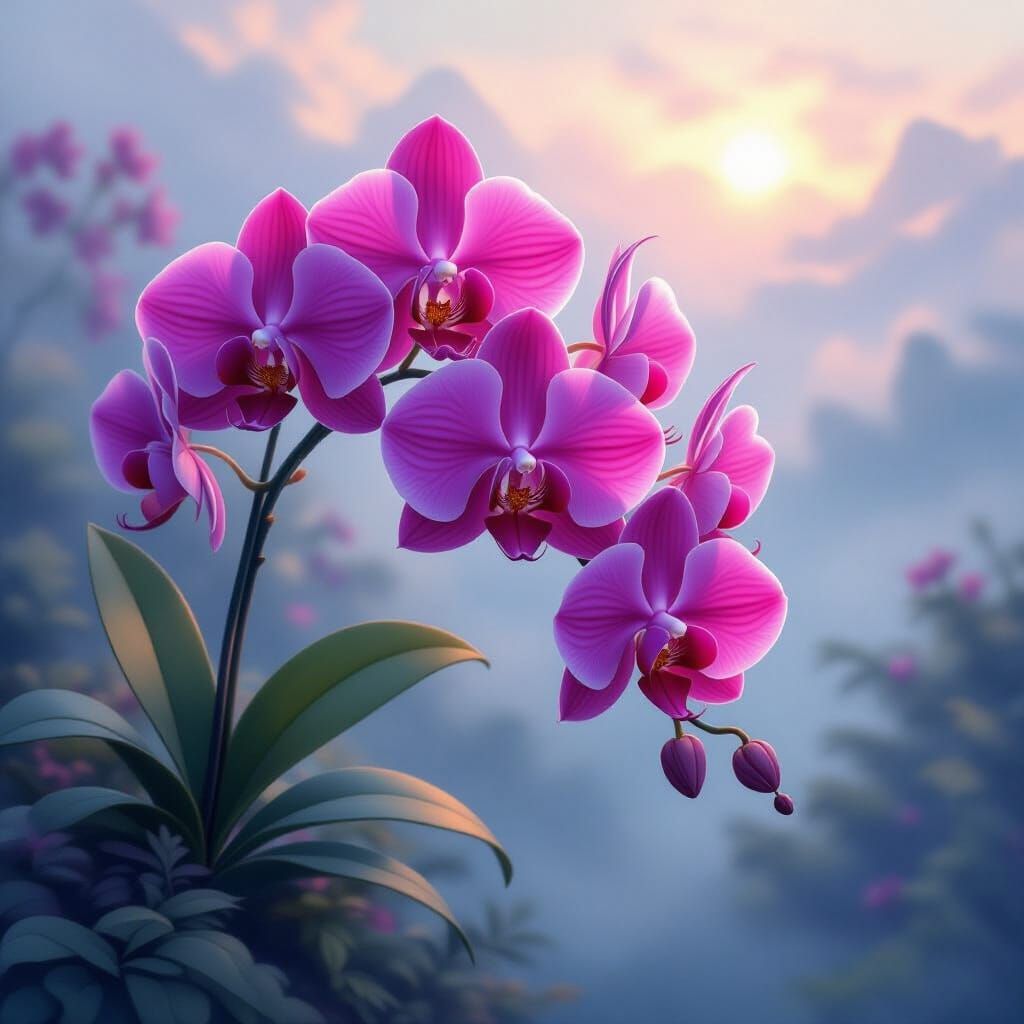 Ethereal Crimson Orchids in Misty Fantasy Landscape