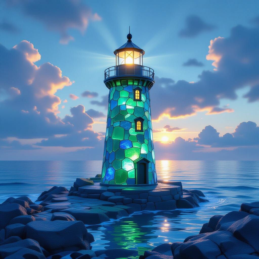 Emerald Cobalt Sea Glass Lighthouse in Divine Light