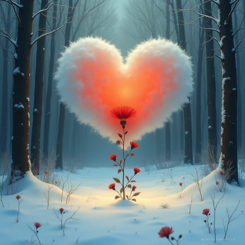 Ethereal Heart-Shaped Bloom in Winter Wonderland