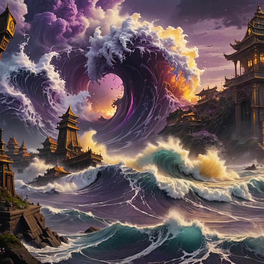 Epic Tsunami in Dark Fantasy Style