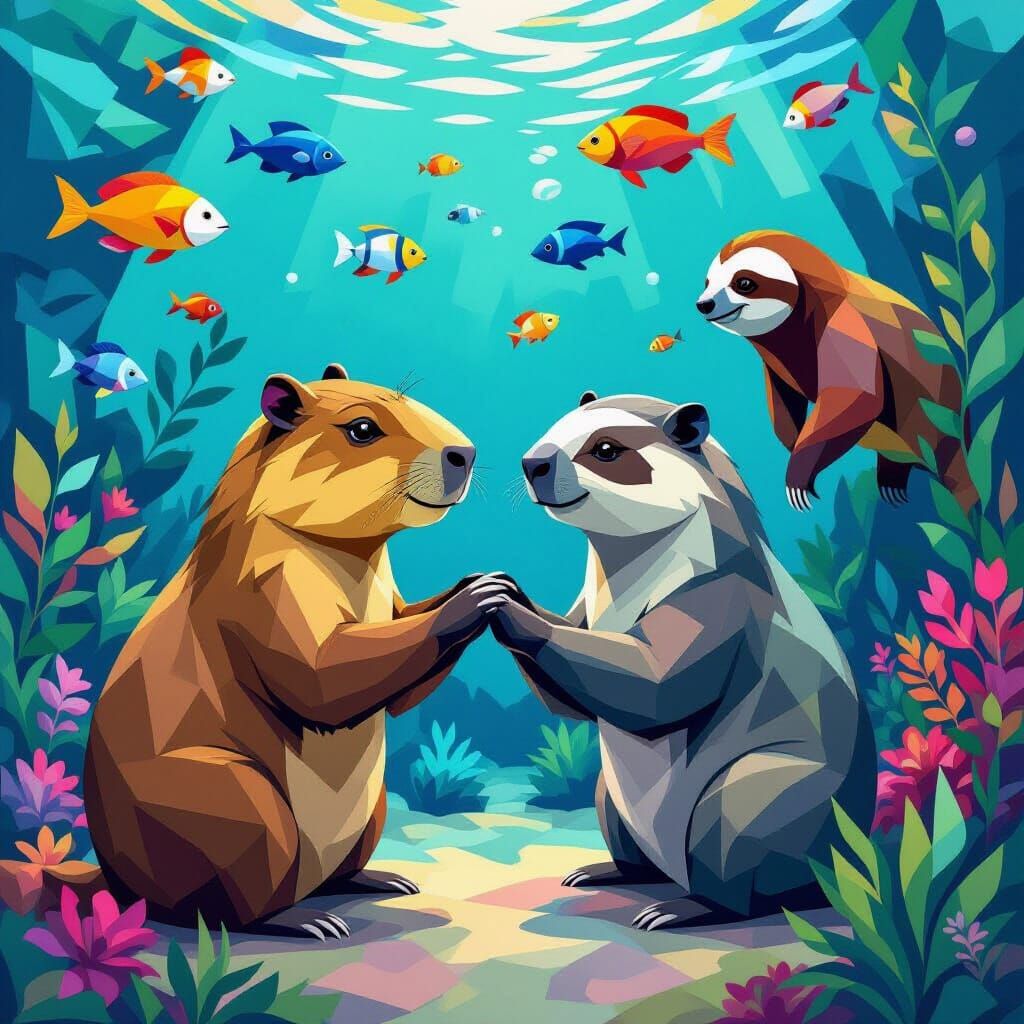 Capybaras and Sloths Play in Vibrant Aquarium