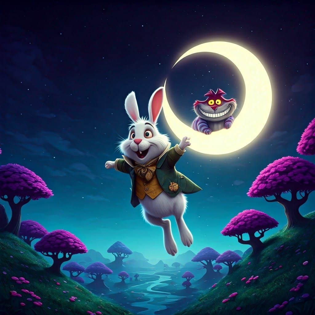 White Rabbit's Moonlit Flight: A 3D Pixar Scene
