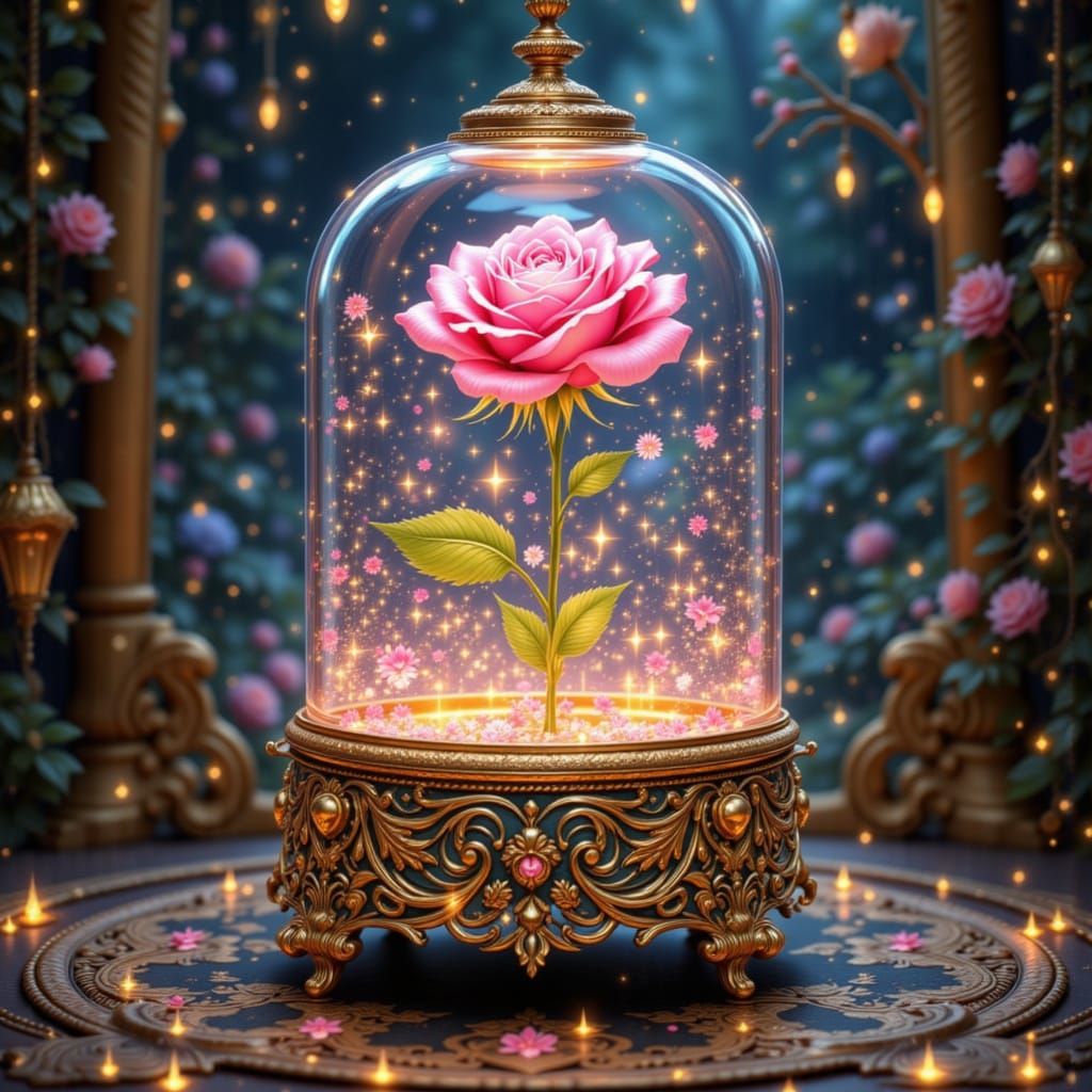 Pink Rose in Glass Music Box, Inspired by Renaissance Light