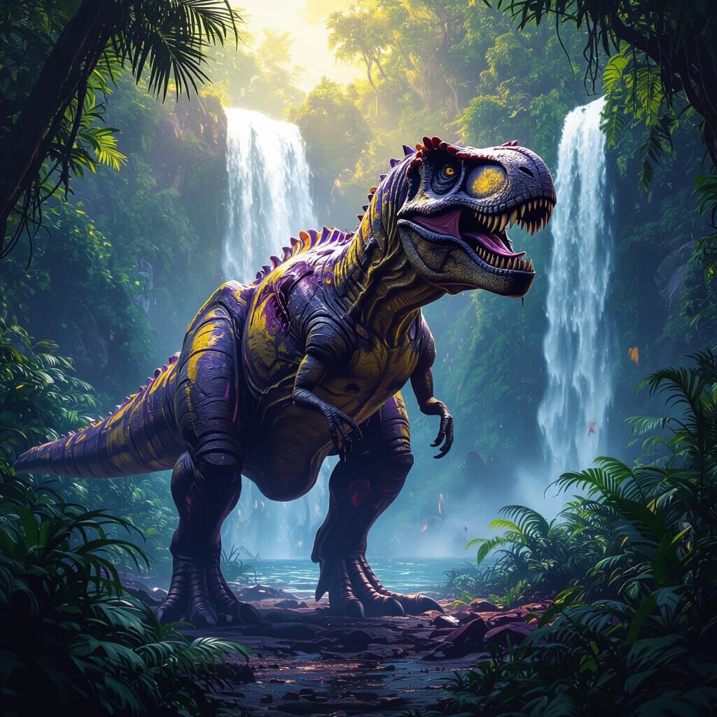 Futuristic T-Rex in Jungle with Waterfall, Digital Art