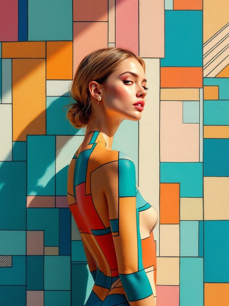 Woman Merges With Geometric Wall Art in Sun-Drenched Style