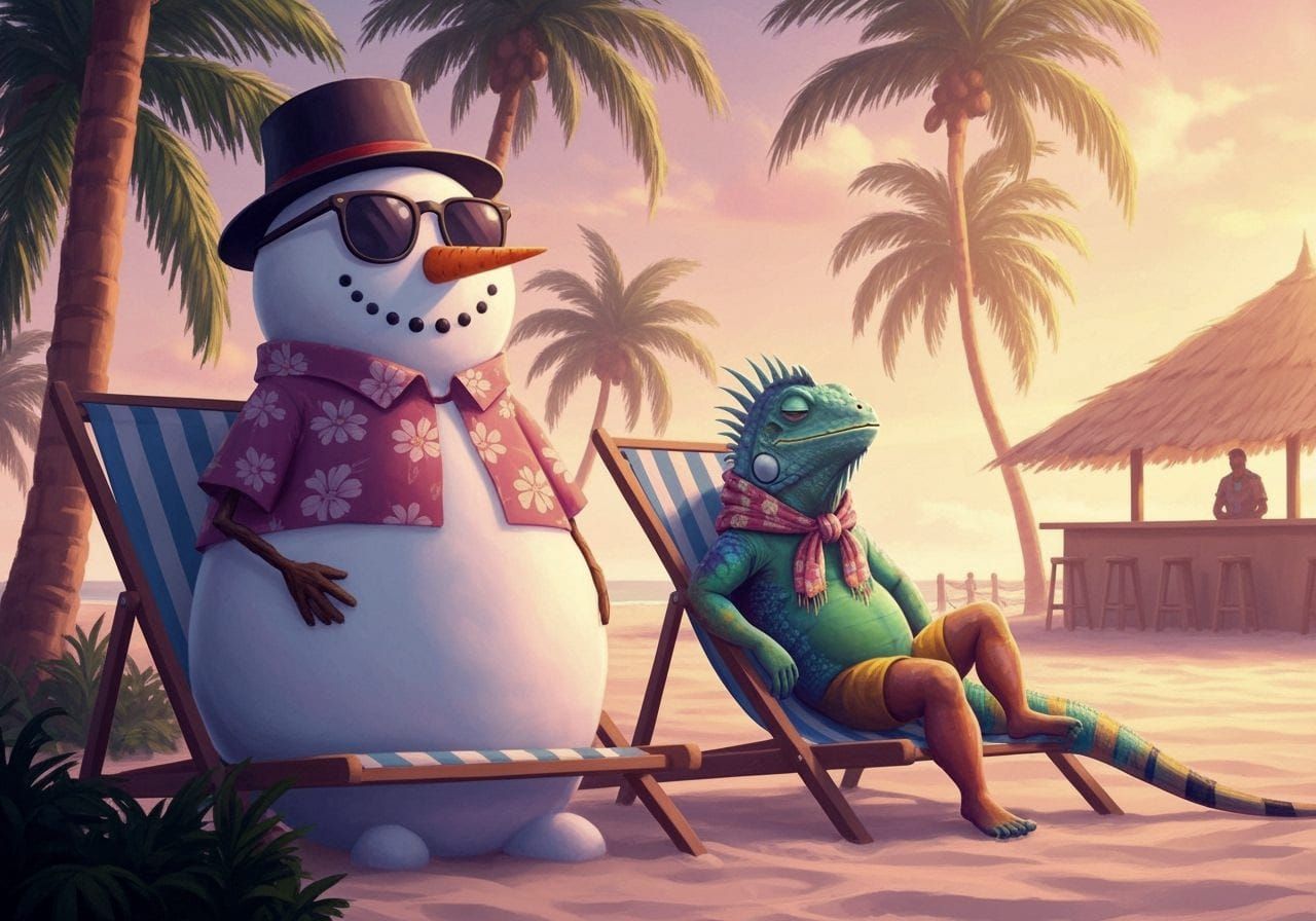 Snowman and Iguana Friends on Tropical Beach at Sunset