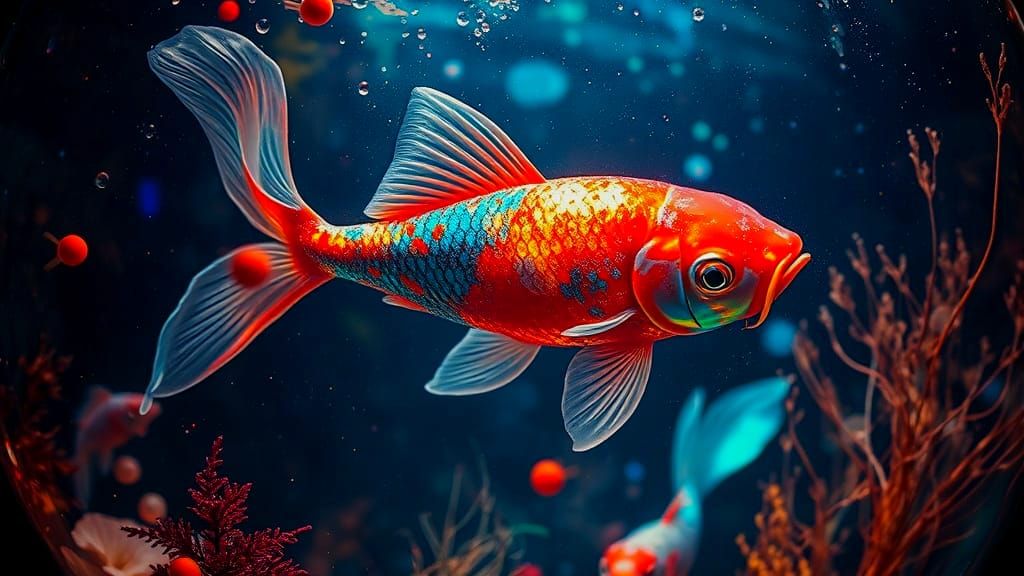 Surreal Underwater Scene with Iridescent Koi Fish in a Biopu...