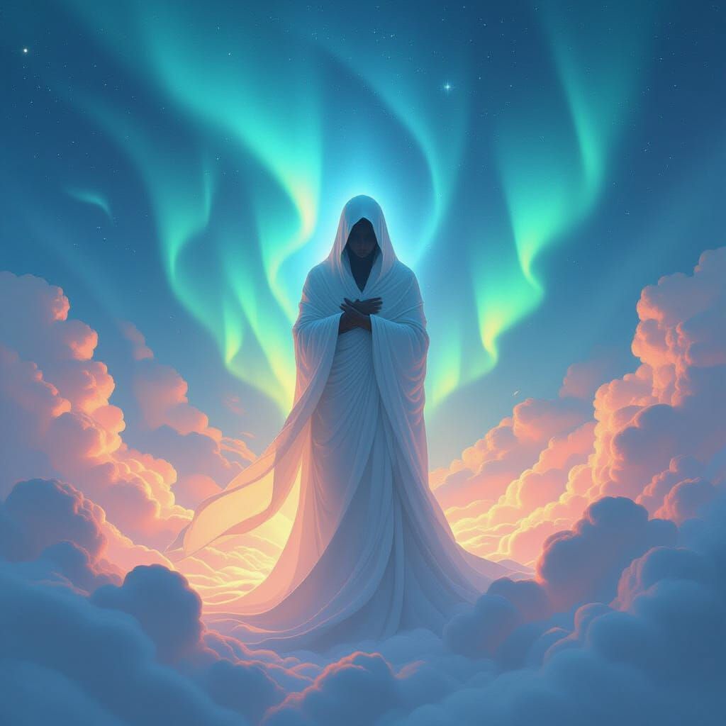 Ethereal Figure in Mystical Aurora Landscape