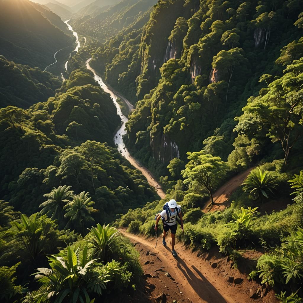 Thai Trail Runner Ascending Hill in Tropical Forest