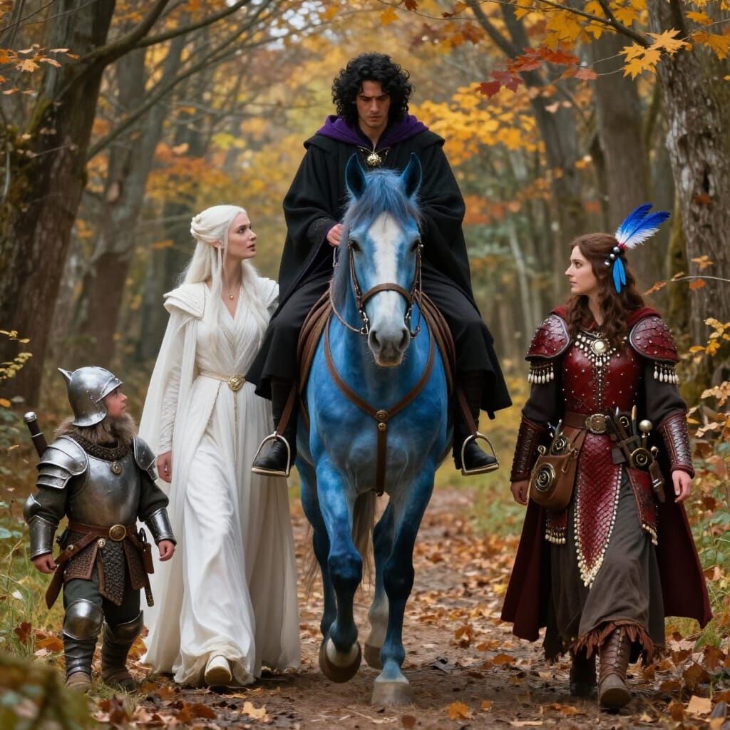 Wizard Rides Blue Horse with Companions Through Autumn Fores...