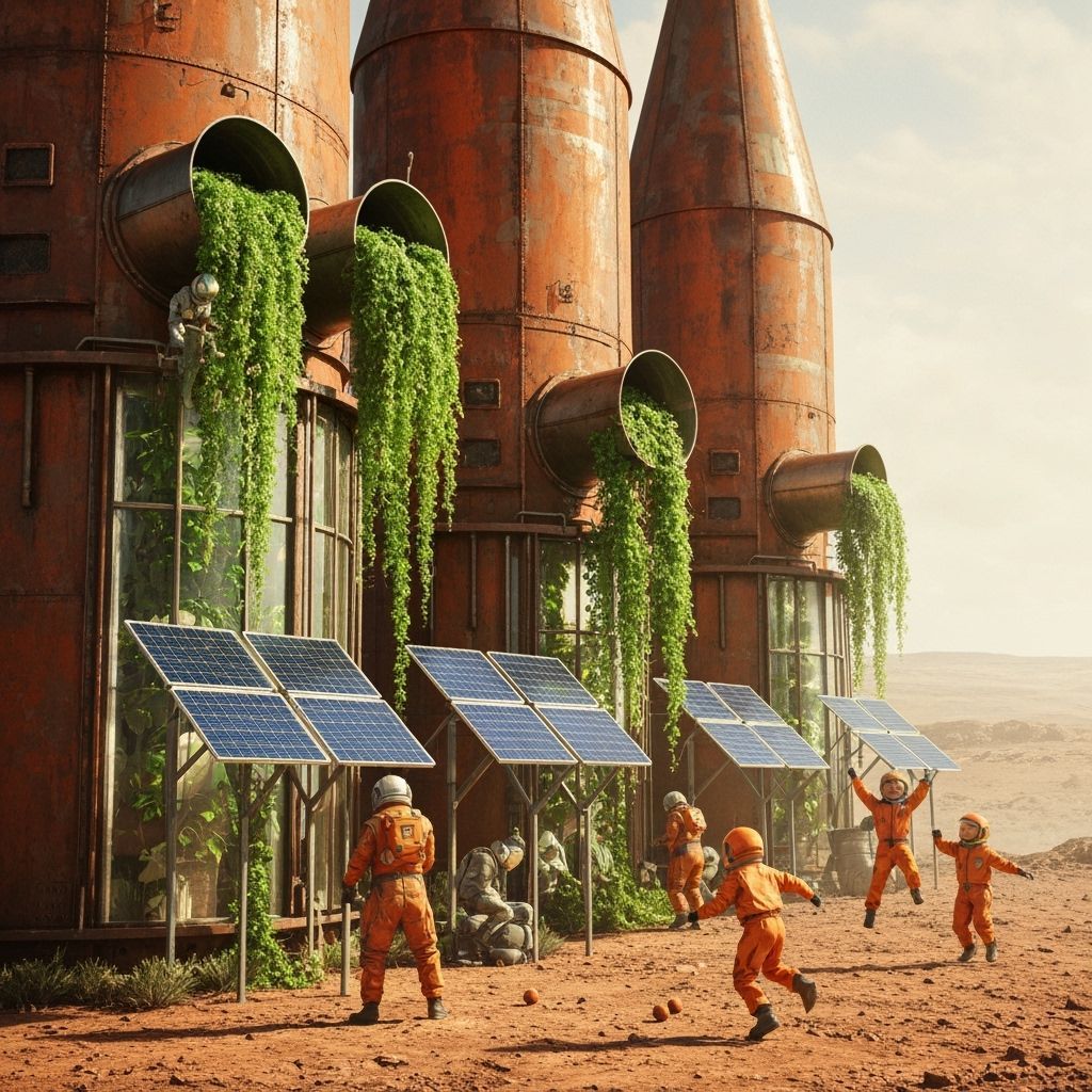 Martian Settlers Cultivate Rocket Garden: Sci-Fi Illustratio...