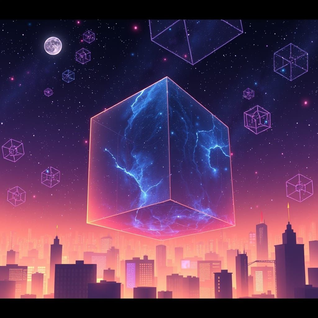 Cosmic Cube Cityscape in Vibrant Anime Style