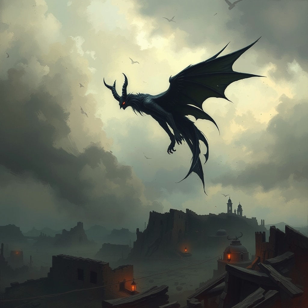 Melancholic Demon Soaring Over Ruined World