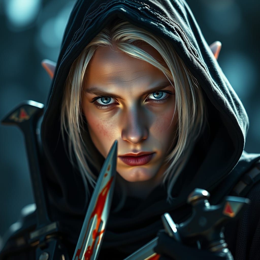 Moonlit Elf Warrior Portrait with Bloody Swords