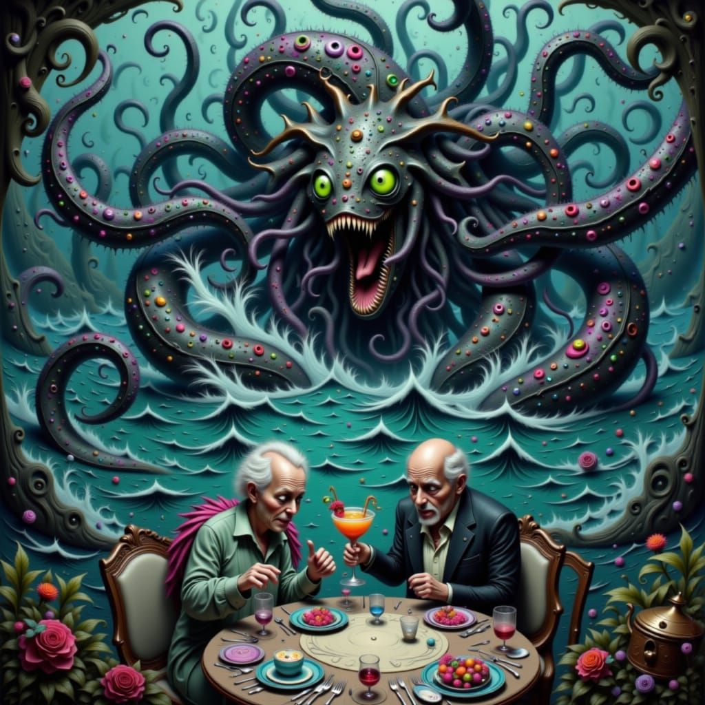 Kraken Emerges and Attacks Cruise Ship, Dreamlike Illustrati...