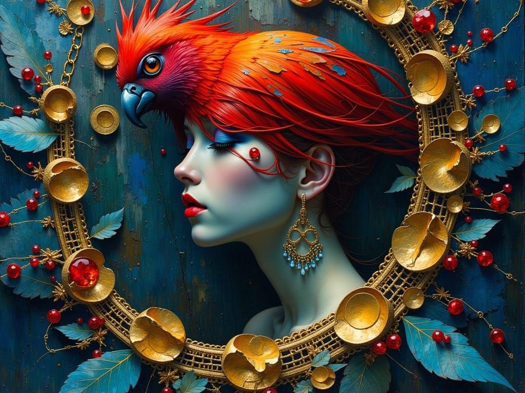 Exotic Bird with Chains in Oil Paint Style