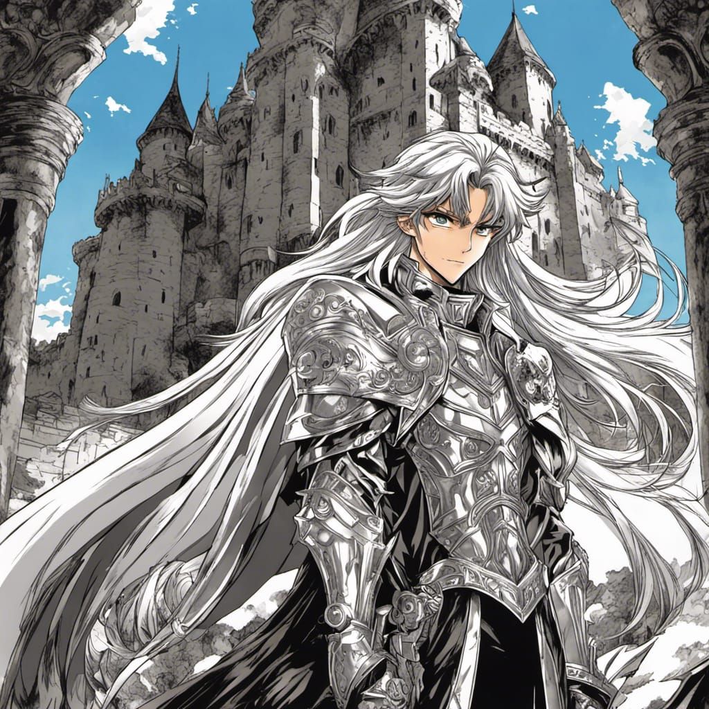 Long-Haired Man at Castle in Anime Manga Style