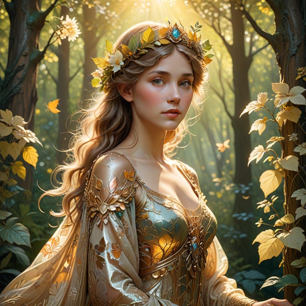 Ethereal Princess in Whimsical Art Nouveau Forest