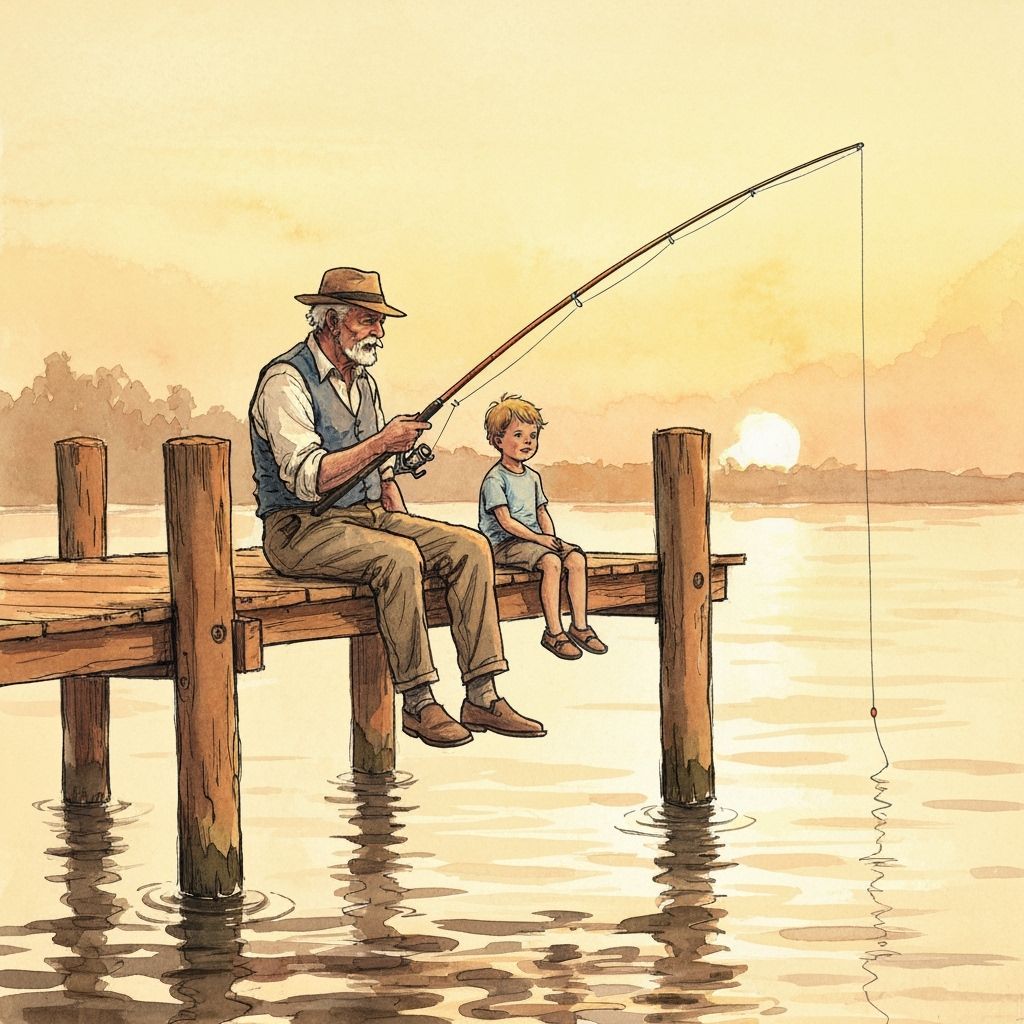 Grandfather and Grandson Fishing at Pier in Warm Watercolor