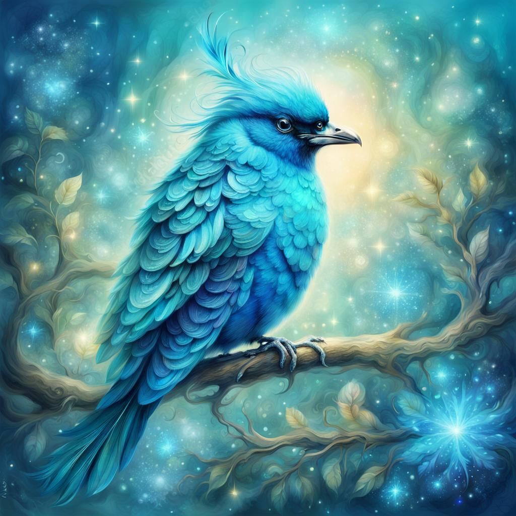 Fantasy Turquoise Bird with Glowing Feathers